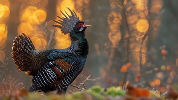 Majestic bird displaying its plumage in a vibrant forest during sunset, surrounded by bokeh lights photo