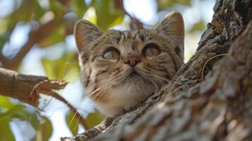 A curious wild cat gazing upwards from a tree branch surrounded by lush green foliage photo