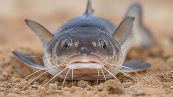 Close-up of a catfish resting on sandy ground, showcasing its whiskers and unique features photo
