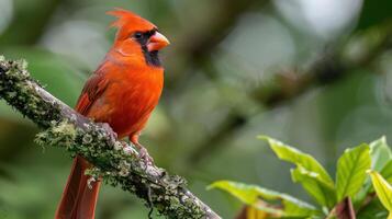 Vibrant red cardinal perched on a mossy branch amidst lush green foliage in a serene environment photo