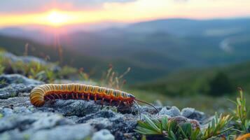Colorful centipede on rocky terrain at sunset, with rolling hills and vibrant sky in background photo