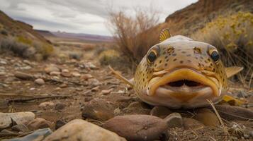 Close-up of a trout resting on a rocky riverbed in a desert landscape under cloudy skies photo