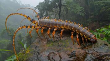 Giant centipede crawling on a rock in a misty rainforest, surrounded by lush greenery photo