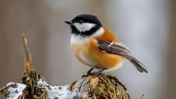 A vibrant bird perched on a snowy log amidst a blurred forest background in winter photo