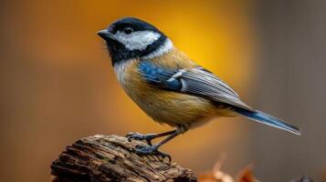 Small colorful bird perched on a log with a blurred warm background showcasing nature's beauty photo