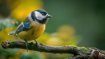 Colorful bird perched on a branch amidst blurred autumn foliage in a serene forest setting photo