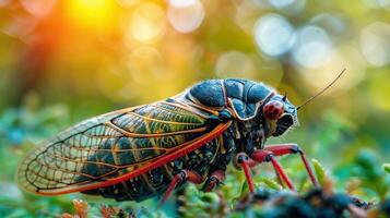 Close-up of a vibrant cicada perched on foliage with a blurred colorful background at sunset photo