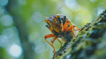Close-up of a vibrant cicada perched on a textured tree bark in a lush green forest setting photo