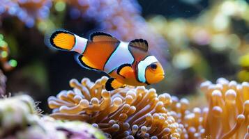 Vibrant clownfish swimming gracefully among colorful coral reefs in a lively underwater scene photo