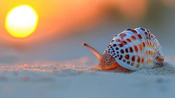 Close-up of a beautifully patterned seashell on sandy beach at sunset, with soft waves in background photo