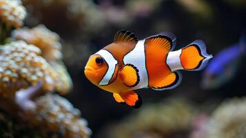 Vibrant clownfish swimming among colorful coral reefs in a lively underwater scene photo