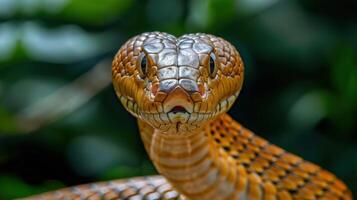 Close-up of a vibrant snake with intricate scales, set against a lush green background photo