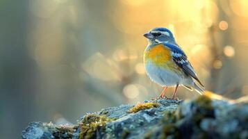 Colorful bird perched on a moss-covered rock in a serene forest setting with soft bokeh photo