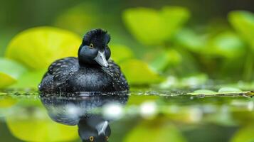A black duck with a distinctive crest swims serenely on a calm pond surrounded by lush greenery photo