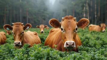 Brown cows grazing peacefully in a lush green field surrounded by a serene forest backdrop photo