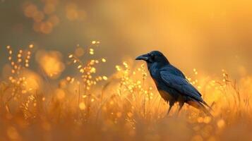 A solitary raven stands amidst golden grass at sunset, capturing the serene beauty of nature photo