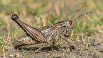Close-up of a grasshopper crawling on dry ground with green grass in the background photo