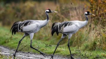 Two elegant cranes walking along a muddy path in a serene natural setting with tall grass photo