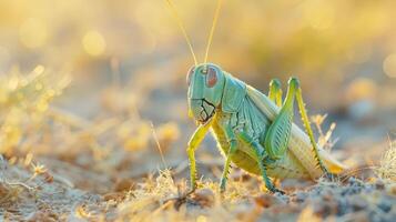 Close-up of a vibrant green grasshopper perched on sandy ground with a soft, blurred background photo