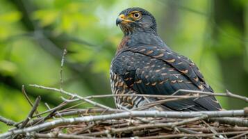 Majestic bird of prey perched in a nest, surrounded by lush greenery in a serene environment photo