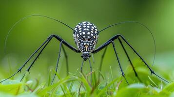Close-up of an intricate insect with long legs and patterned body on green grass in a natural setting photo