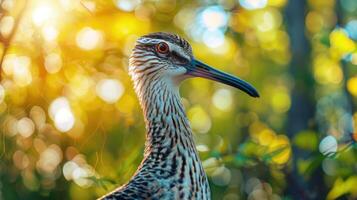 Close-up of a striking bird with intricate feathers amidst a vibrant, sunlit forest background photo