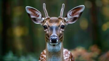 Close-up of a young deer with antlers in a serene forest setting, surrounded by soft green foliage photo