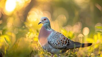 A serene dove stands gracefully on the grass, illuminated by warm sunlight, with a soft bokeh background photo