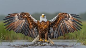 Majestic eagle spreading its wings over a serene wetland, showcasing its powerful presence and beauty photo