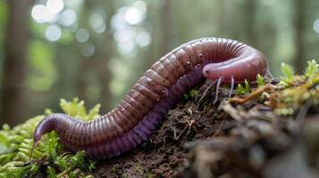 Close-up of a vibrant purple millipede crawling on moist forest ground with blurred greenery photo