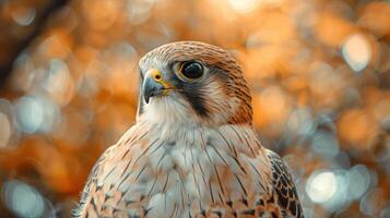 Close-up of a hawk perched amidst autumn foliage, showcasing its striking features and vibrant colors photo