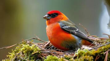 Vibrant red bird perched on a mossy nest, surrounded by soft green foliage in a serene forest photo
