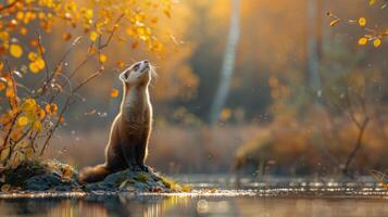A curious animal gazes upwards in a tranquil autumn landscape with colorful foliage photo