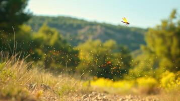 Dragonfly in mid-flight over a sunlit meadow with colorful bokeh background photo