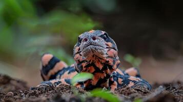 Close-up of a vibrant lizard resting on the ground amidst lush greenery in a serene environment photo