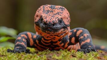 Close-up of a vibrant lizard crawling on moss in a lush forest, showcasing its unique patterns photo