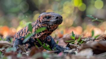 Close-up of a vibrant lizard exploring a lush forest floor with blurred foliage in the background photo