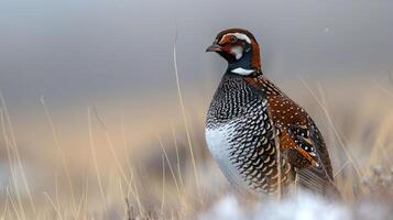 A beautifully detailed bird standing in a snowy landscape, showcasing its vibrant plumage against a soft background photo
