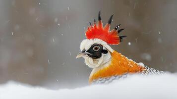 Colorful bird with a striking crest stands in the snow, surrounded by a winter landscape photo