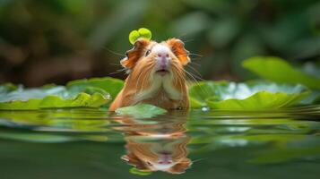 A guinea pig emerging from water amidst lush green leaves, showcasing a serene natural habitat photo