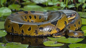 A large anaconda coiled on green lily pads in a serene water environment, reflecting nature's beauty photo