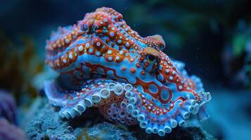Colorful octopus resting on a rocky seabed, surrounded by vibrant underwater flora and fauna photo