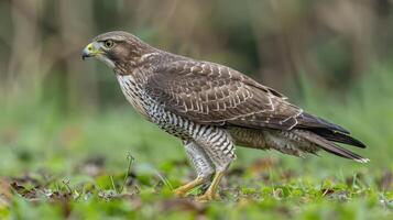 A close-up view of a hawk standing on green grass with a blurred natural background photo