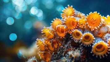 Vibrant underwater scene showcasing colorful coral formations with shimmering light effects photo