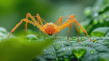 Close-up of a vibrant orange spider with dew on leaves in a lush green environment photo
