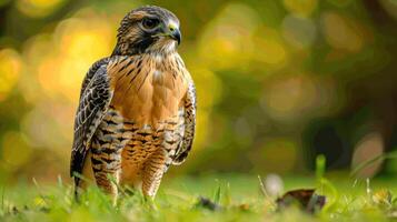 Majestic hawk perched on grass, surrounded by a blurred natural background, showcasing its beauty photo