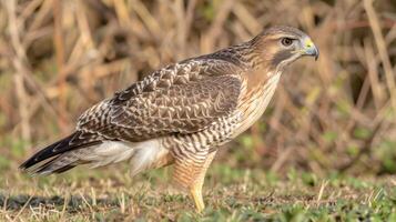 A hawk poised on the ground in a natural setting, surrounded by grass and blurred foliage photo