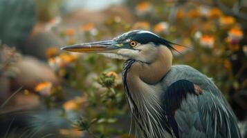 Majestic heron perched gracefully amidst vibrant flowers in a serene natural setting photo