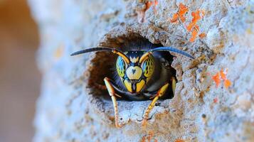 Close-up of a vibrant insect emerging from a textured rock crevice in a natural setting photo