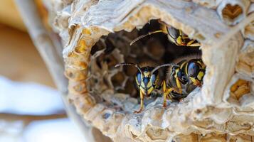 Close-up view of wasps emerging from their nest, showcasing intricate structure and activity photo